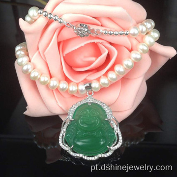 925 prata esterlina joias de verdadeira pérola colar pingente de Jade